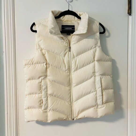 Lands End cream color down puffer vest snap pockets size Large - Picture 1 of 8